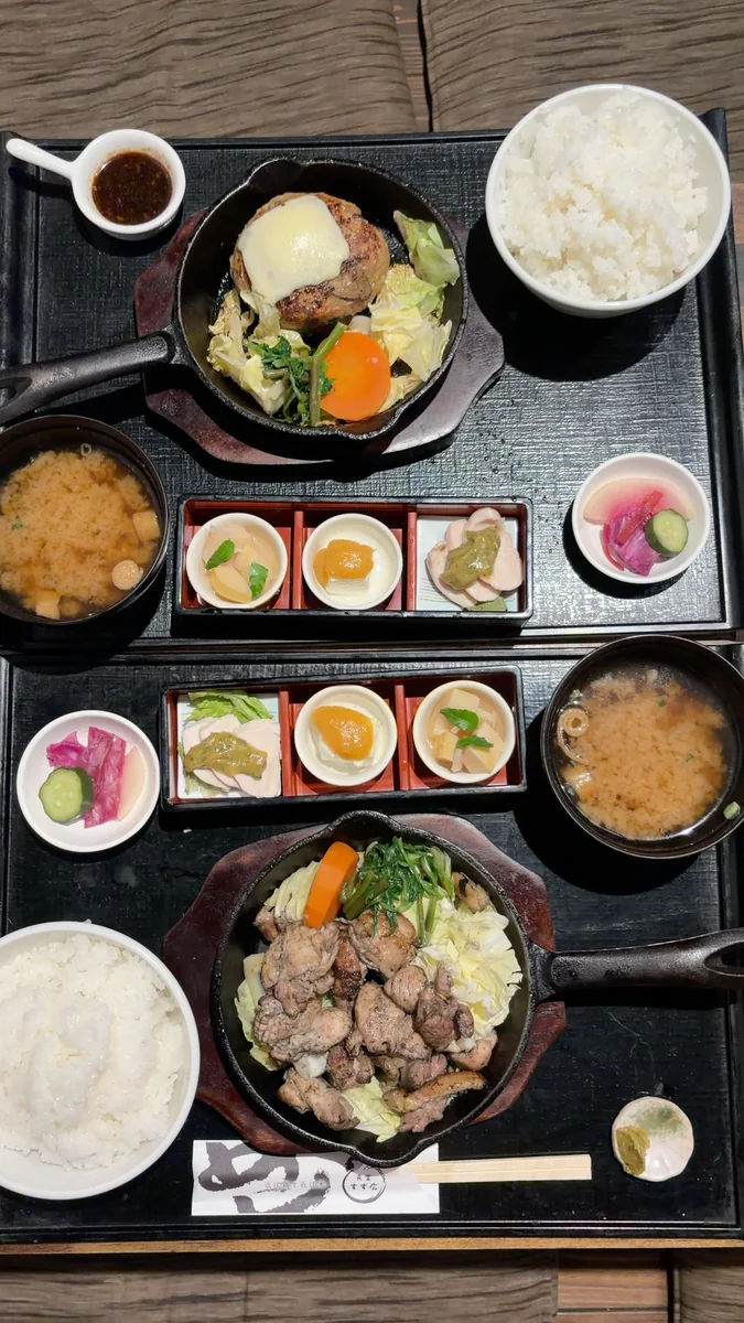 2人分の膳。上がハンバーグ定食、下が炭焼き定食で、どちらにも三種盛・汁・香の物・ごはんが付きます(左)/ハンバーグの上にチーズ。鉄のスキレットのまま出てきます(右)